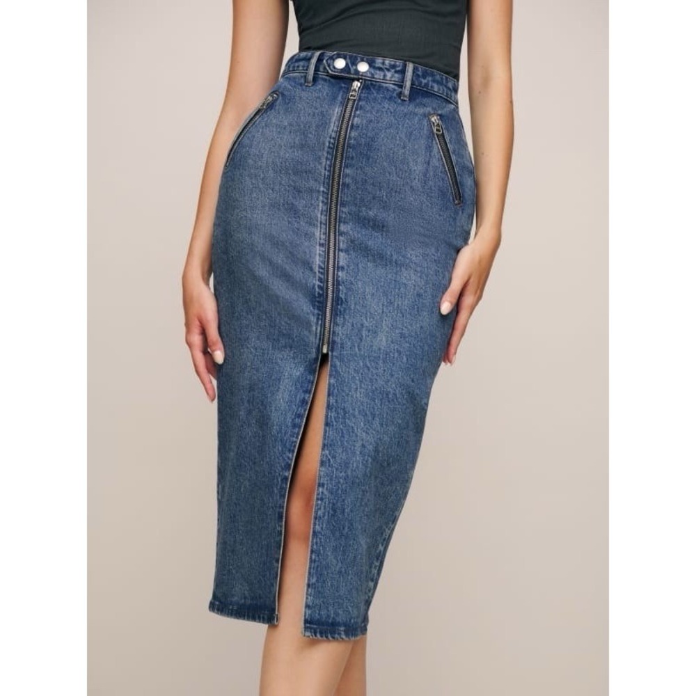 Reformation Jeans Jayde High Rise Zipper Detail  Denim Midi Skirt Size 31